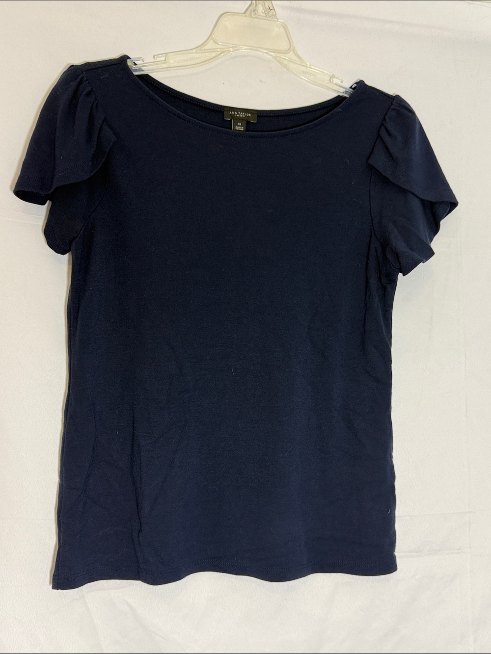 Ann Taylor Factory Navy Ruffle Sleeve Short Sleeve Tee